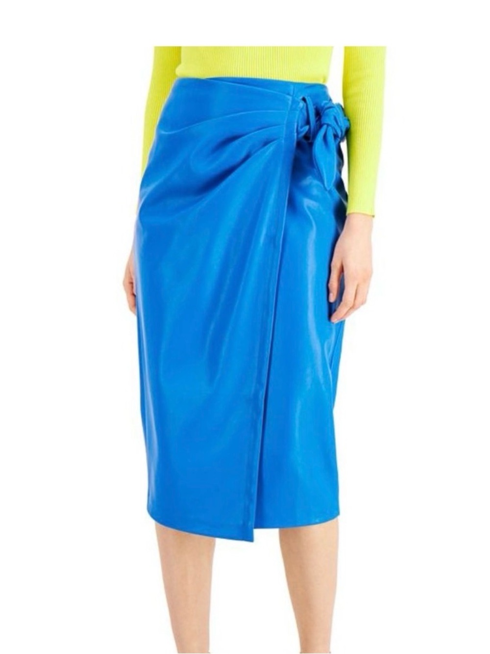 Blue Faux Leather Wrap Midi Skirt